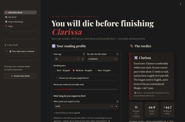 Book Grim Reaper — mortality calculator against a curated list of unfinished classics