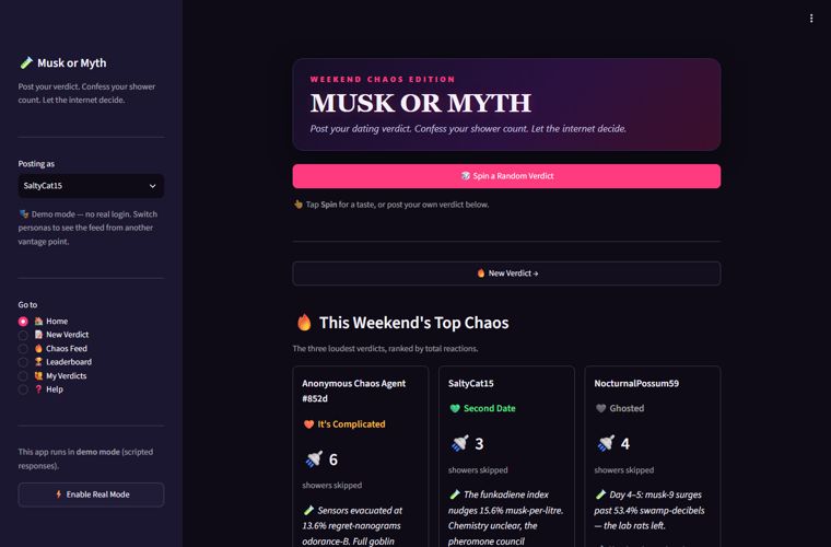 Musk or Myth – Dating verdict card with shower-streak tracking and anonymous-or-chaos toggle