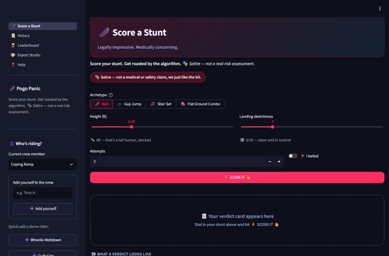Pogo Panic — Score stunt combos on record-heat vs. ER-heat with a two-bar verdict.