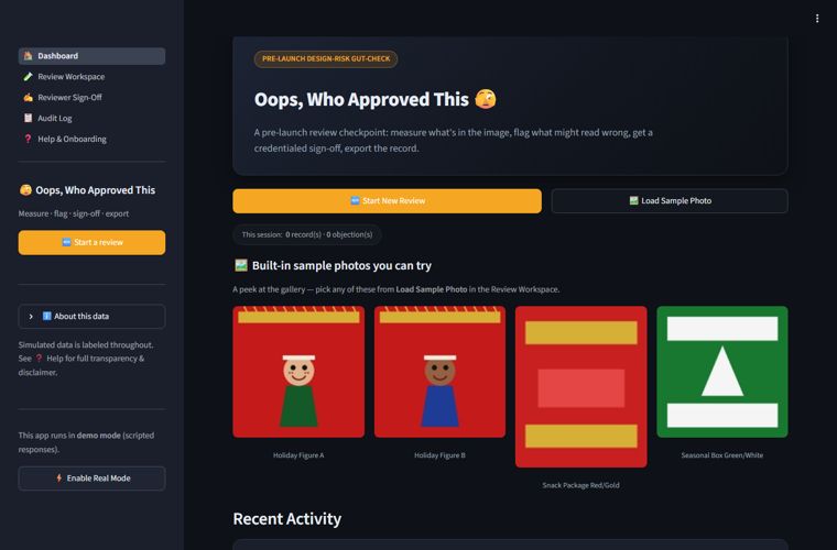 Oops, Who Approved This – upload a product photo, flag design choices that land different than intended, with a community member's sign-off before posting