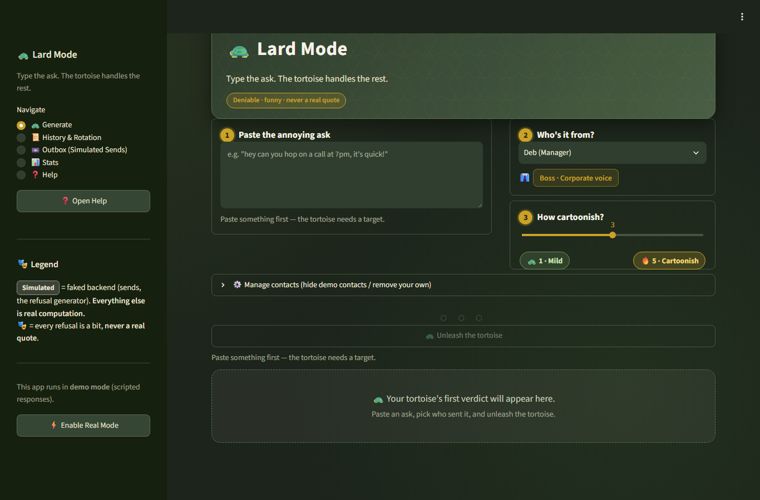 Lard Mode – A tortoise refusal text generator that declines requests in the requester's own voice