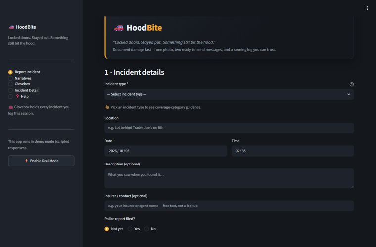 HoodBite – photo your car damage, get friend + work texts
